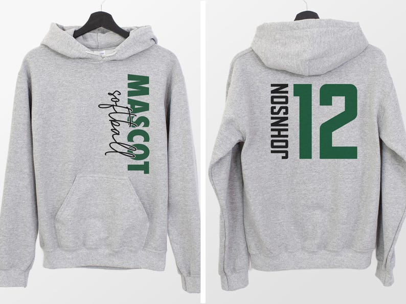 May include: Gray hooded sweatshirt with the text "MASCOT softball" on the left side and the text "JOHNSON 12" on the right side.