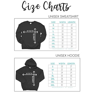 K&ouml;nnte beinhalten: Gr&ouml;&szlig;entabelle f&uuml;r Unisex-Sweatshirts und -Hoodies. Die Tabelle zeigt die Breite und L&auml;nge in Zoll f&uuml;r die Gr&ouml;&szlig;en S bis 5XL.