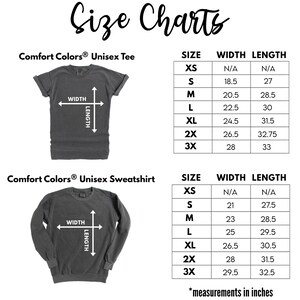 K&ouml;nnte beinhalten: Gr&ouml;&szlig;entabelle f&uuml;r Unisex-T-Shirts und -Sweatshirts von Comfort Colors&reg;. Die Tabelle zeigt die Breite und L&auml;nge in Zoll f&uuml;r die Gr&ouml;&szlig;en XS bis 3X.