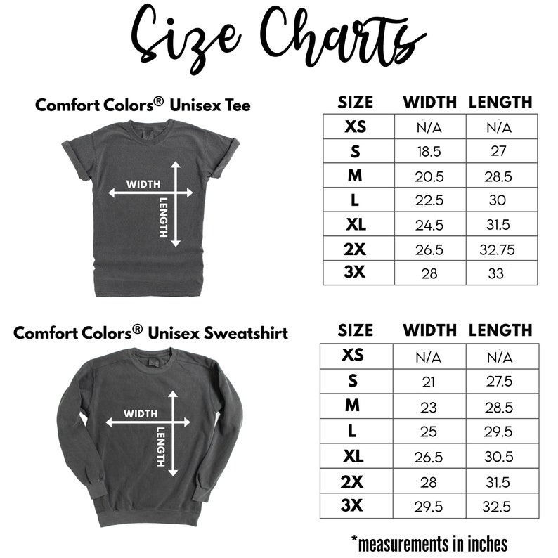 K&ouml;nnte beinhalten: Gr&ouml;&szlig;entabelle f&uuml;r Unisex-T-Shirts und -Sweatshirts von Comfort Colors&reg;. Die Tabelle zeigt die Breite und L&auml;nge in Zoll f&uuml;r die Gr&ouml;&szlig;en XS bis 3X.