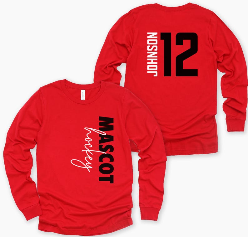 May include: Red long-sleeve t-shirt with black text that says "MASCOT hockey" on the front and "JOHNSON 12" on the back.
