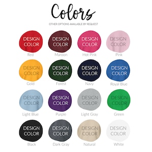 Peut inclure: Un tableau montrant 16 options de couleurs diff&eacute;rentes pour un design. Les couleurs sont&nbsp;: rouge, marron, rose vif, rose, or, for&ecirc;t, marine, bleu royal, bleu clair, violet, gris clair, vert, noir, gris fonc&eacute;, naturel et blanc.