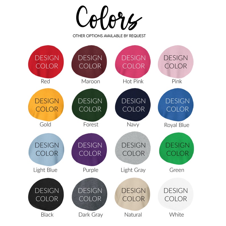 Peut inclure: Un tableau montrant 16 options de couleurs diff&eacute;rentes pour un design. Les couleurs sont&nbsp;: rouge, marron, rose vif, rose, or, for&ecirc;t, marine, bleu royal, bleu clair, violet, gris clair, vert, noir, gris fonc&eacute;, naturel et blanc.
