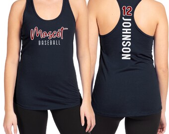 May include: A navy blue racerback tank top with the text "Mascot Baseball" in red on the front and the text "JOHNSON 12" in white on the back.
