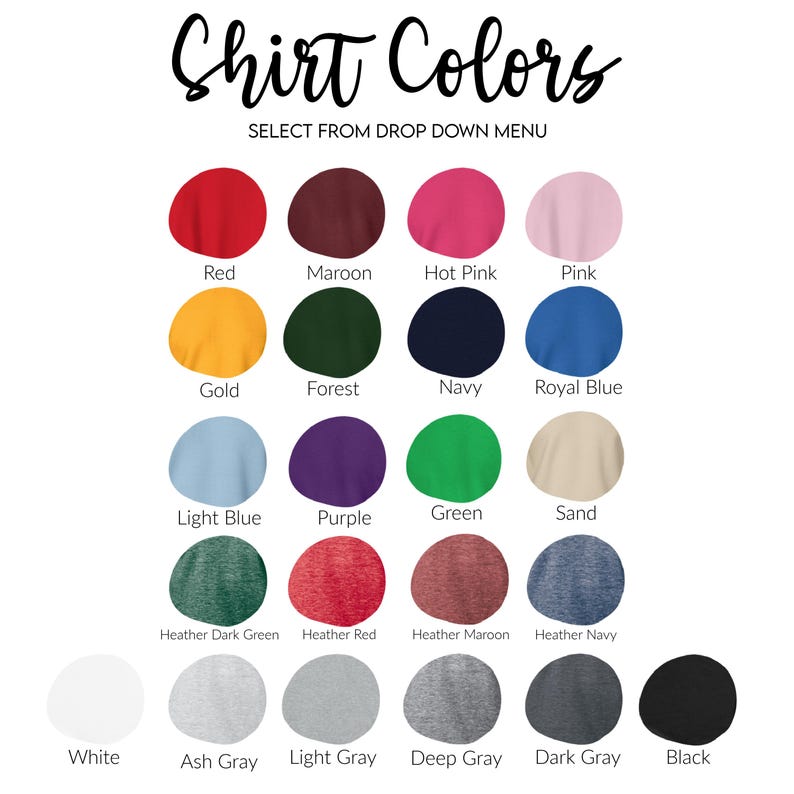 K&ouml;nnte beinhalten: Diagramm mit 18 verschiedenen T-Shirt-Farben, darunter Rot, Weinrot, Pink, Rosa, Gold, Waldgr&uuml;n, Marineblau, K&ouml;nigsblau, Hellblau, Lila, Gr&uuml;n, Sand, Dunkelgr&uuml;n meliert, Rot meliert, Weinrot meliert, Marineblau meliert, Wei&szlig;, Aschgrau, Hellgrau, Dunkelgrau, Grau und Schwarz. W&auml;hlen Sie aus dem Dropdown-Men&uuml;.