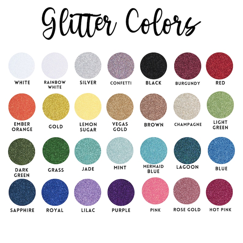 Pu&ograve; includere: Immagine che mostra una tabella dei colori intitolata "Glitter Colors". La tabella presenta una variet&agrave; di colori glitterati, tra cui bianco, argento, nero, rosso, oro, marrone, verde, blu e rosa, ognuno con il suo nome sotto.