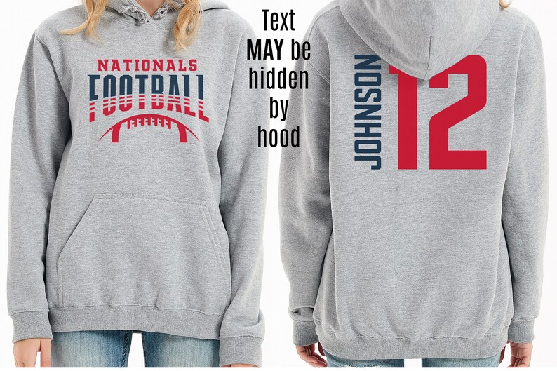 May include: Gray hooded sweatshirt with the text "NATIONALS FOOTBALL" in blue and red on the front and the text "JOHNSON 12" in blue and red on the back.