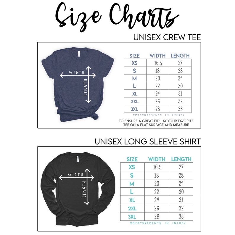 K&ouml;nnte beinhalten: Gr&ouml;&szlig;entabelle f&uuml;r Unisex-T-Shirts mit kurzen und langen &Auml;rmeln. Die Tabelle zeigt die Ma&szlig;e in Zoll f&uuml;r Breite und L&auml;nge f&uuml;r die Gr&ouml;&szlig;en XS, S, M, L, XL, 2XL und 3XL.