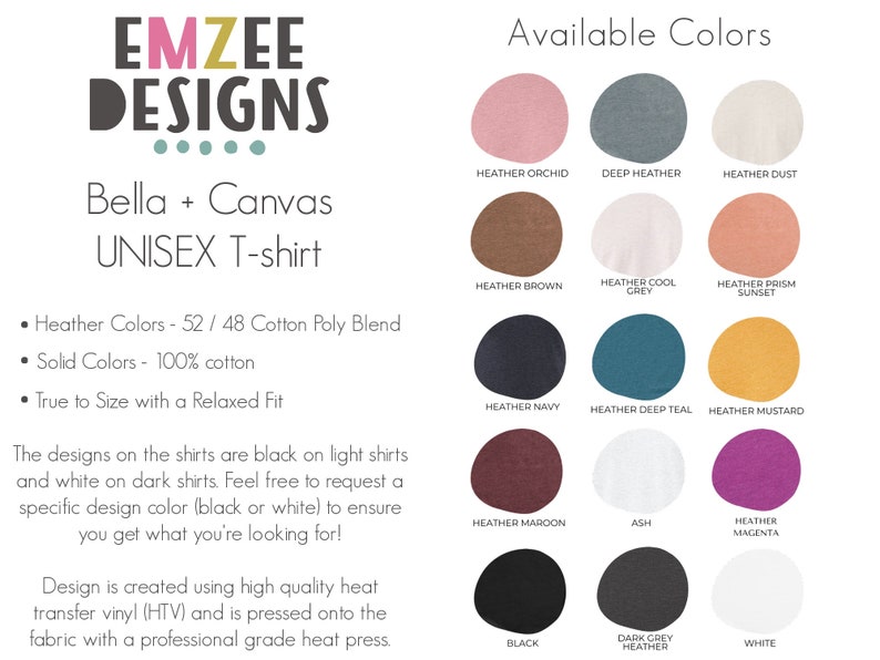 May include: A chart showing the available colors for Bella + Canvas unisex t-shirts. The colors include Heather Orchid, Deep Heather, Heather Dust, Heather Brown, Heather Cool Grey, Heather Prism Sunset, Heather Navy, Heather Deep Teal, Heather Mustard, Heather Maroon, Ash, Heather Magenta, Black, Dark Grey Heather, and White.