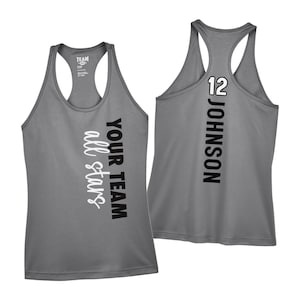 May include: Gray athletic tank top with the words "YOUR TEAM all stars" printed vertically in black and white. The back of the tank top displays the number "12" and the name "JOHNSON" in black.