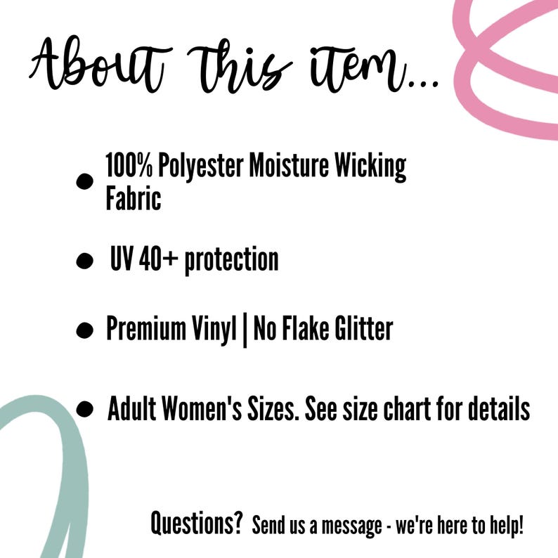 Op de afbeelding: Witte achtergrond met tekst die luidt: "Over dit item..." gevolgd door opsommingstekens die de kenmerken van het product beschrijven: 100% polyester vochtafvoerende stof, UV 40+ bescherming, Premium vinyl | Geen glitter en maten voor volwassen vrouwen.