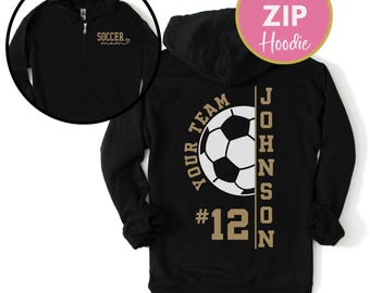 Custom Soccer Zip Up Hoodie, Soccer Coach Zip Hooded Sweatshirt, Glitter Soccer Mom Shirt, Personalized Unisex Hoodie, Soccer Dad Gift