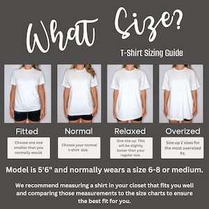 K&ouml;nnte beinhalten: Ein Leitfaden zur T-Shirt-Gr&ouml;&szlig;enbestimmung mit vier Models, die verschiedene Gr&ouml;&szlig;en von wei&szlig;en T-Shirts tragen. Der Text lautet "Welche Gr&ouml;&szlig;e?" und "T-Shirt Gr&ouml;&szlig;enleitfaden". Die Models tragen figurbetonte, normale, lockere und &uuml;bergro&szlig;e T-Shirts. Der Text unter jedem Model beschreibt die Passform des T-Shirts. Der Text am unteren Rand des Bildes lautet "Das Model ist 1,68 m gro&szlig; und tr&auml;gt normalerweise Gr&ouml;&szlig;e 38-40 oder M." und "Wir empfehlen, ein Shirt aus Ihrem Kleiderschrank zu messen, das Ihnen passt, und diese Ma&szlig;e mit den Gr&ouml;&szlig;entabellen zu vergleichen, um die perfekte Passform zu gew&auml;hrleisten."
