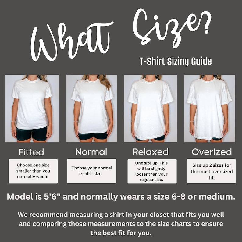K&ouml;nnte beinhalten: Ein Leitfaden zur T-Shirt-Gr&ouml;&szlig;enbestimmung mit vier Models, die verschiedene Gr&ouml;&szlig;en von wei&szlig;en T-Shirts tragen. Der Text lautet "Welche Gr&ouml;&szlig;e?" und "T-Shirt Gr&ouml;&szlig;enleitfaden". Die Models tragen figurbetonte, normale, lockere und &uuml;bergro&szlig;e T-Shirts. Der Text unter jedem Model beschreibt die Passform des T-Shirts. Der Text am unteren Rand des Bildes lautet "Das Model ist 1,68 m gro&szlig; und tr&auml;gt normalerweise Gr&ouml;&szlig;e 38-40 oder M." und "Wir empfehlen, ein Shirt aus Ihrem Kleiderschrank zu messen, das Ihnen passt, und diese Ma&szlig;e mit den Gr&ouml;&szlig;entabellen zu vergleichen, um die perfekte Passform zu gew&auml;hrleisten."
