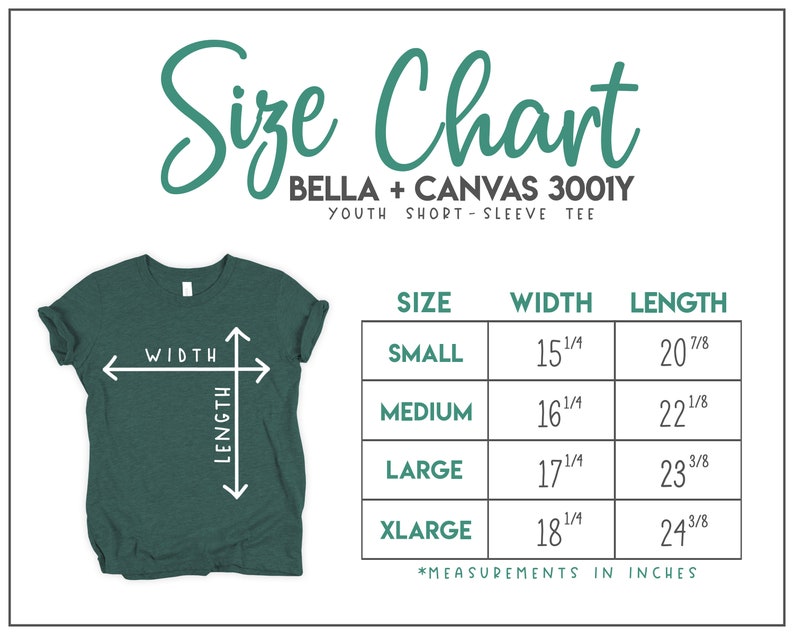 Puede incluir: Tabla de tallas para camisetas de manga corta para j&oacute;venes de Bella + Canvas 3001Y. La tabla muestra las tallas de la S a la XL con las medidas de ancho y largo correspondientes en pulgadas.