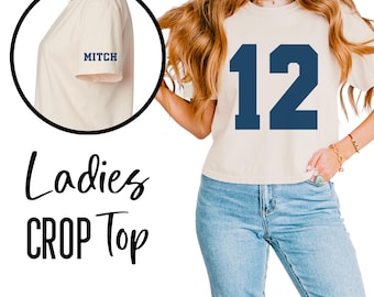 Comfort Colors Custom Number Boxy Crop Top, Personalized Comfort Colors Croptop Tee, Glitter Jersey Number Cropped Tshirt, Sports Mom Shirts