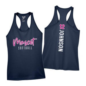 May include: Navy blue softball tank top with the words "Mascot Softball" in pink script on the front. The back of the tank top has the number "12" and the name "Johnson" in white.
