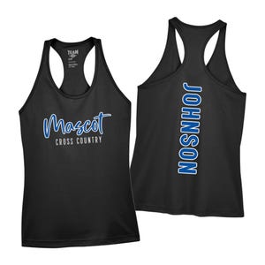May include: Black athletic tank top with the words "Mascot CROSS COUNTRY" in blue and white script on the front. The back of the tank top has the name "JOHNSON" printed vertically in blue.