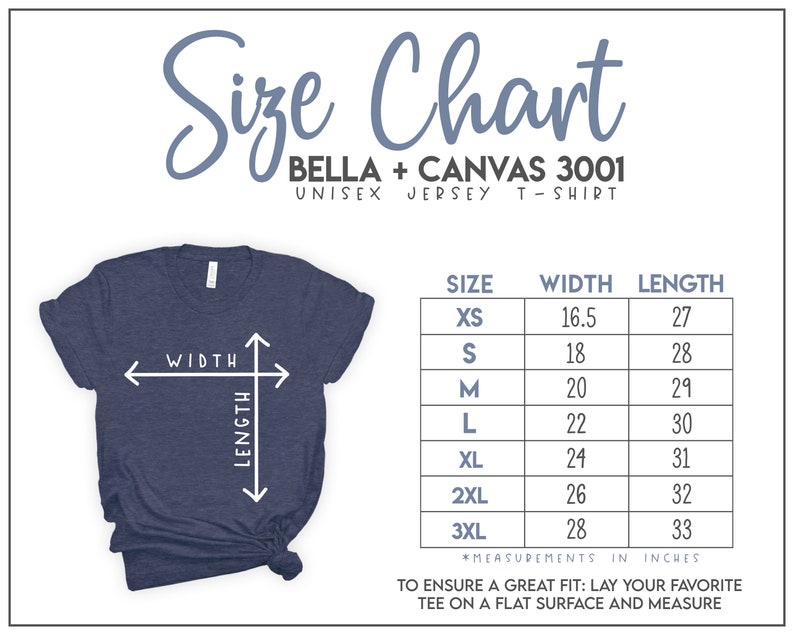 May include: Size chart for Bella + Canvas 3001 unisex jersey t-shirts. The chart shows the width and length measurements in inches for sizes XS to 3XL.