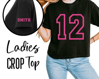 Comfort Colors Custom Number Boxy Crop Top, Personalized Comfort Colors Croptop Tee, Glitter Jersey Number Cropped Tshirt, Sports Mom Shirts