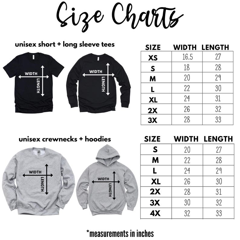 Peut inclure: Tableau des tailles pour t-shirts &agrave; manches courtes et longues unisexes, sweats &agrave; capuche et cols ronds. Le tableau indique les mesures de largeur et de longueur en pouces pour les tailles XS &agrave; 4X.