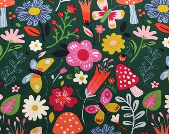 Mushrooms, Butterflies and Flowers on Dark Green Cotton Fabric, 37 Inches Long, 44 Inches Wide, Sewing Fabric