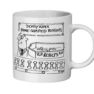 Bone-Shaped Dog Biscuits. Dog Lover Cartoon shows a Factory Worker at a Pet Foods Manufacturer. Funny Mug for a Pet Shop Worker or Dog Owner