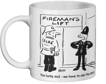 Fireman with Policeman at a Lift - Fireman's Lift Cartoon - Ceramic Police Gift Mug