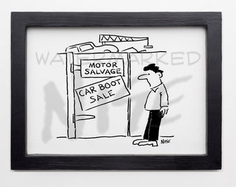 Car Boot Sale at a Scrapyard Cartoon - Download Now!