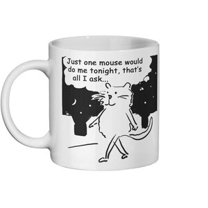 Funny Cat Cartoon Strip. Cat Goes Mousing - Gift for a Cat Lover or Cat Owner. Cat themed illustration that wraps around a Ceramic Mug 11oz