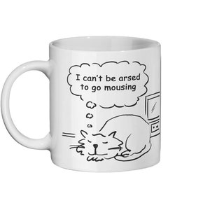 Funny Cat Cartoon Strip. Joke has a Cat that Wants to Stay Inside to Watch Football - Gift for Cat Lover or for Cat Owner - Ceramic Mug 11oz