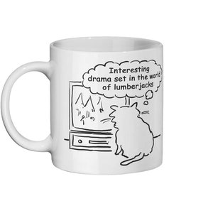 Funny Cat Cartoon Strip on a Mug. Gift for a Cat Lover or Cat Owner - Cat is watching a Television Drama - Cat Illustration Ceramic Mug 11oz