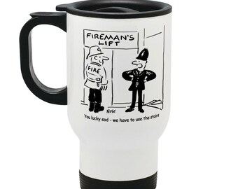 Fireman with Policeman at a Lift - Stainless Steel Police Gift Travel Mug