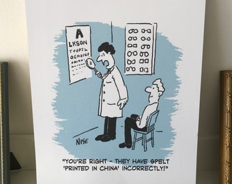 Optician Checks Small-Print Spelling - A4 Print on White Card - Portrait