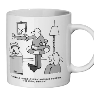 Tropical Fish Keeper is Overcautious Feeding His Goldfish and Dons a Deep Sea Scuba Diving Outfit. Tropical Fish Tank Owner Gift Coffee Mug.