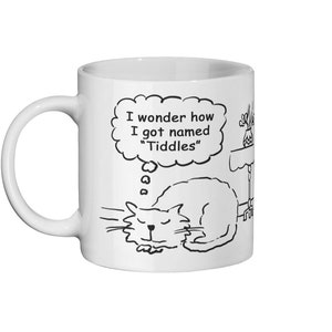 Funny Cat Cartoon Strip. Cat Wonders How He Got His Name - Fun Gift for a Cat Lover or a Cat Owner - Ceramic Mug 11oz