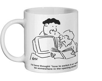 New Computer Cartoon Joke. Computer Problem in Looking for the On Switch. Funny Ceramic Coffee Mug Gift for Computer User or Computer Owner
