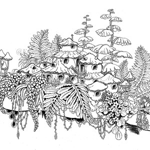 Peut inclure: Un dessin en noir et blanc d'un village fantaisiste fait de champignons. Le village est niché parmi des fougères et d'autres plantes.