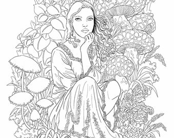 May include: Detailed black and white illustration of a person seated in a whimsical forest setting. The person is surrounded by large mushrooms, lush foliage, and intricate floral details, creating a fantasy scene.