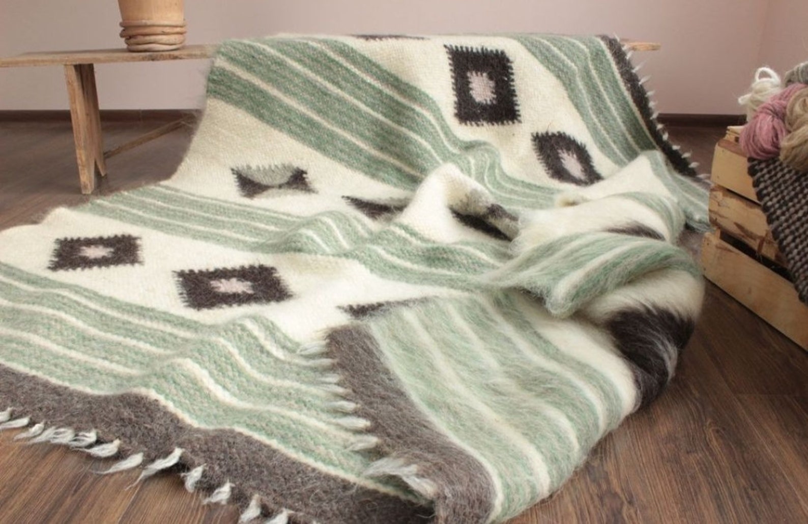 Green Kilim Throw Blanket Wool Couvrelit gris laine Etsy