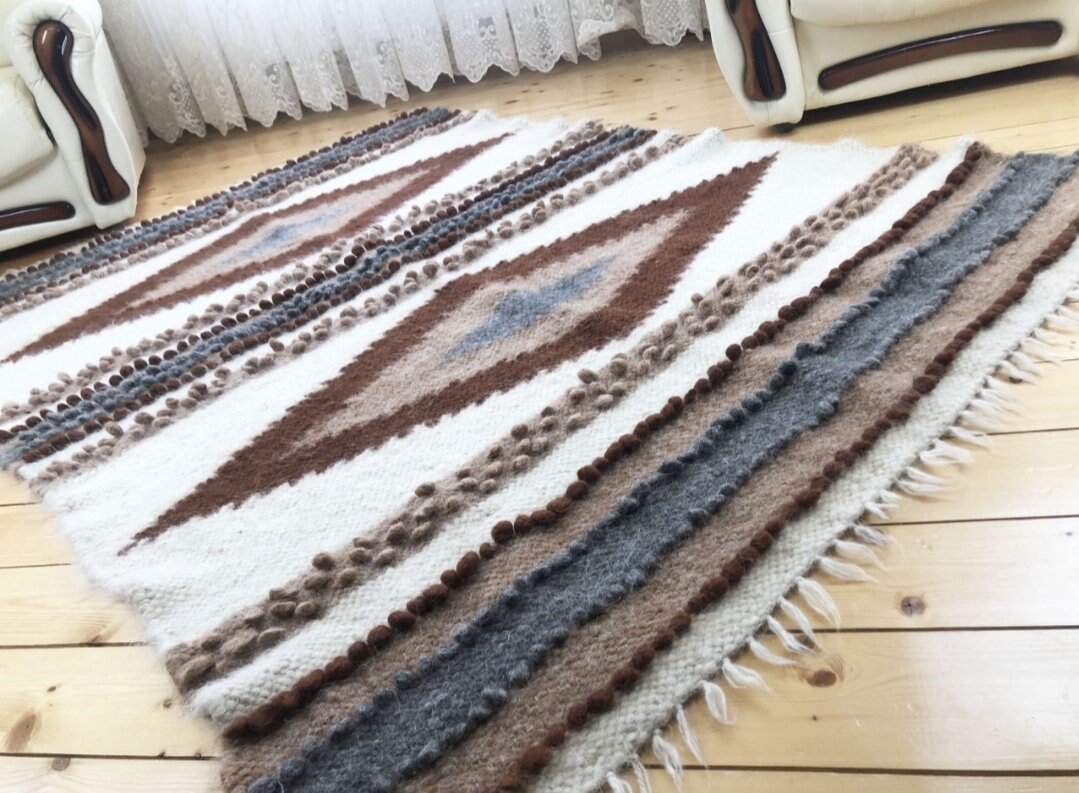 Exclusive Boucle Throw Blanket Cream Grey Brown Color Wool Etsy