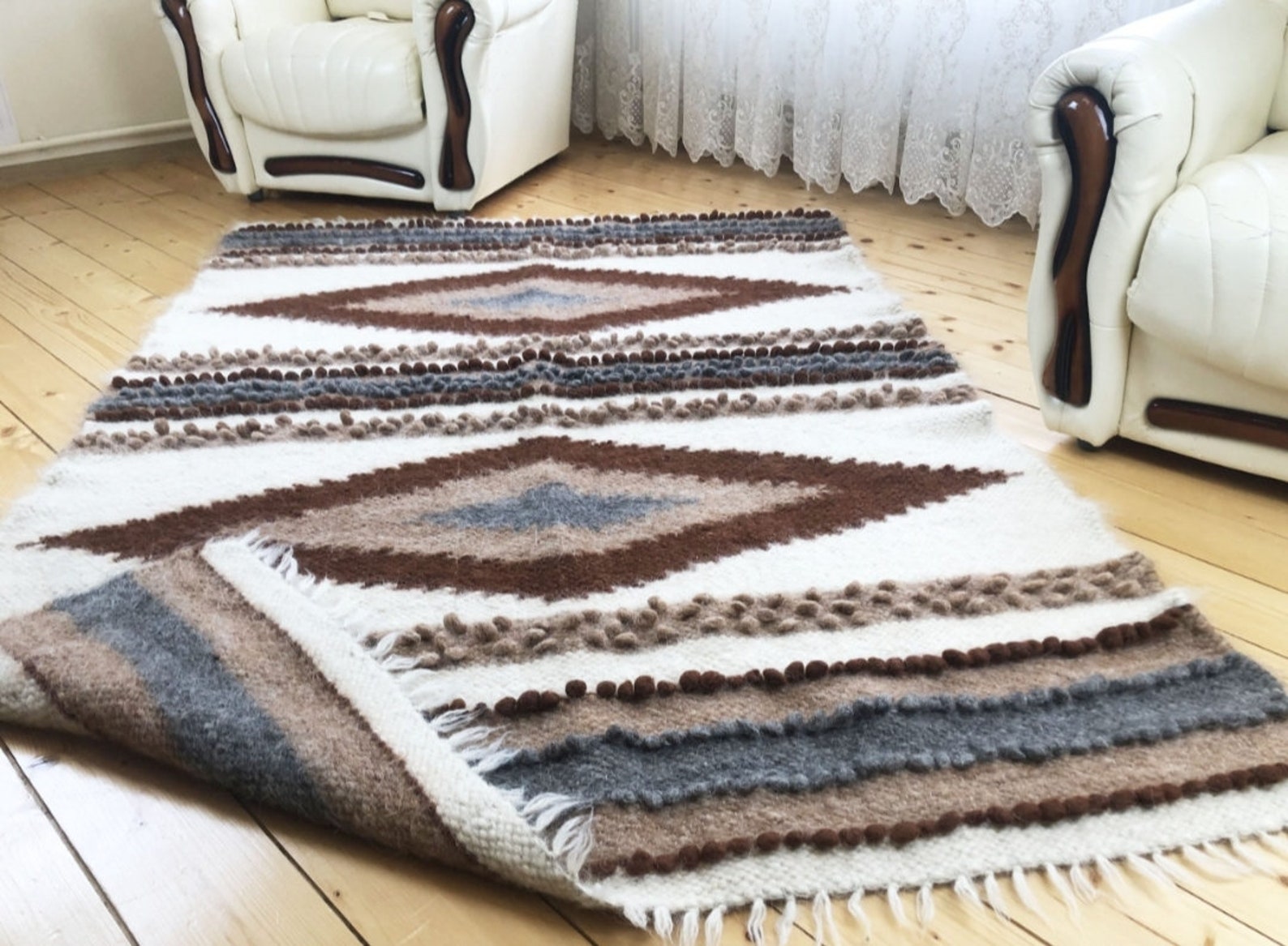 Exclusive Boucle Throw Blanket Cream Grey Brown Color Wool Etsy