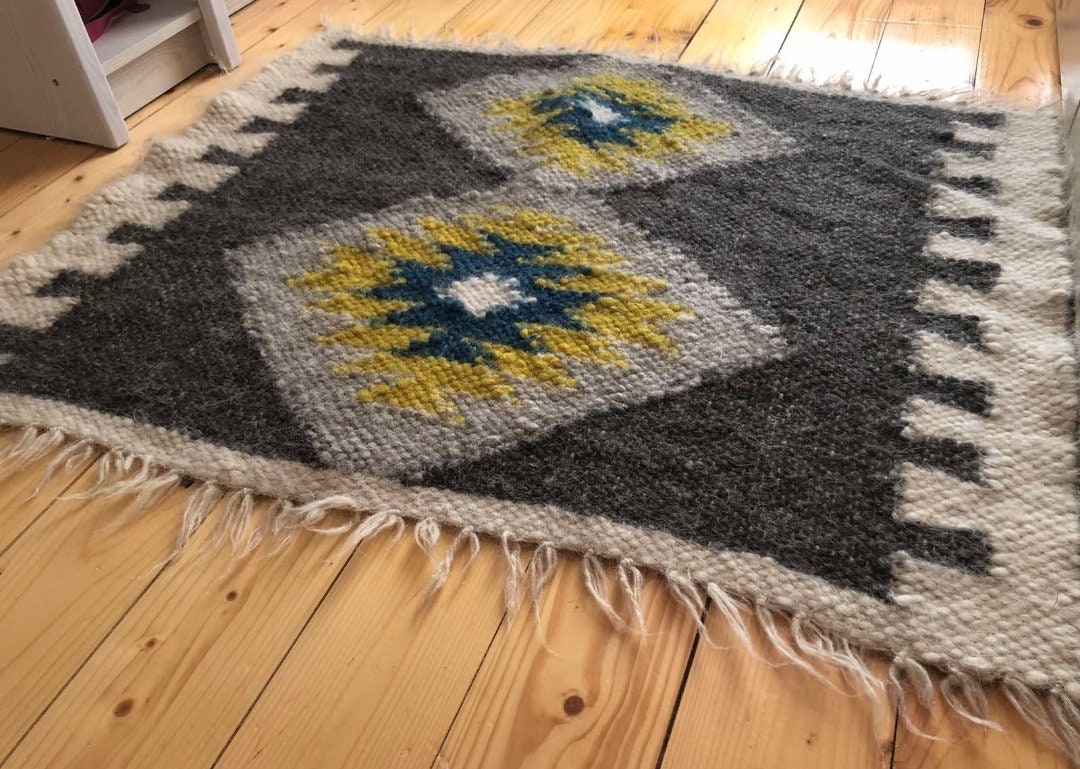 Wool Kilim Throw Blanket Chunky Knit Rug Grey ready to Ship Etsy