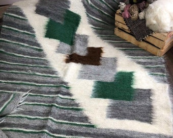 Wool Sheep Throw Grey & Green , Bed Cover, Rug,  Sofa Cover,  Chunky Knit Blanket, Gifts for Home