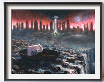 UFO Art Flying Saucer Alien - Surreal Science Fiction Fantasy - Strange Weird Art - Trippy Psychedelic Poster - Piano Waterfall