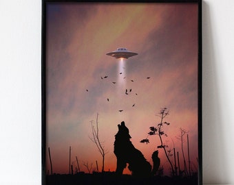 Wolf Poster Wall Art Print - UFO Art Flying Saucer Alien - Retro Sci Fi Art Surreal Collage Retro Space Poster - Weird Stuff Strange Art