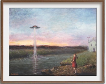 UFO Art Alien Flying Saucer - Strange Weird Stuff - Trippy Psychedelic Poster - Surreal Science Fiction Fantasy -Made From Original Painting