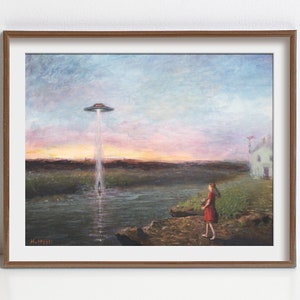 Arte OVNI: Platillo volador extraterrestre - Cosas raras y extrañas - Póster psicodélico y alucinante - Fantasía surrealista de ciencia ficción - Hecho a partir de una pintura original