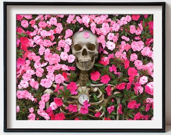 Skelett Poster - Florale Schädel Blumen - Memento Mori - Psychedelisches Poster - Schräge Anatomie - Surrealismus - Stoizismus - Edgy Wandkunst