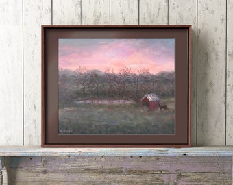 Gift For Horse Lover - Zen Wall Art - Pink Red Sunset - Peaceful Pond With Barn - Farm Landscape - Rustic Cabin Decor - By Brandon Huttsell